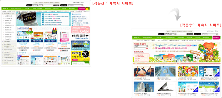 적용전의 제휴사 사이트 와 적용후의 제휴사 사이트 이미지